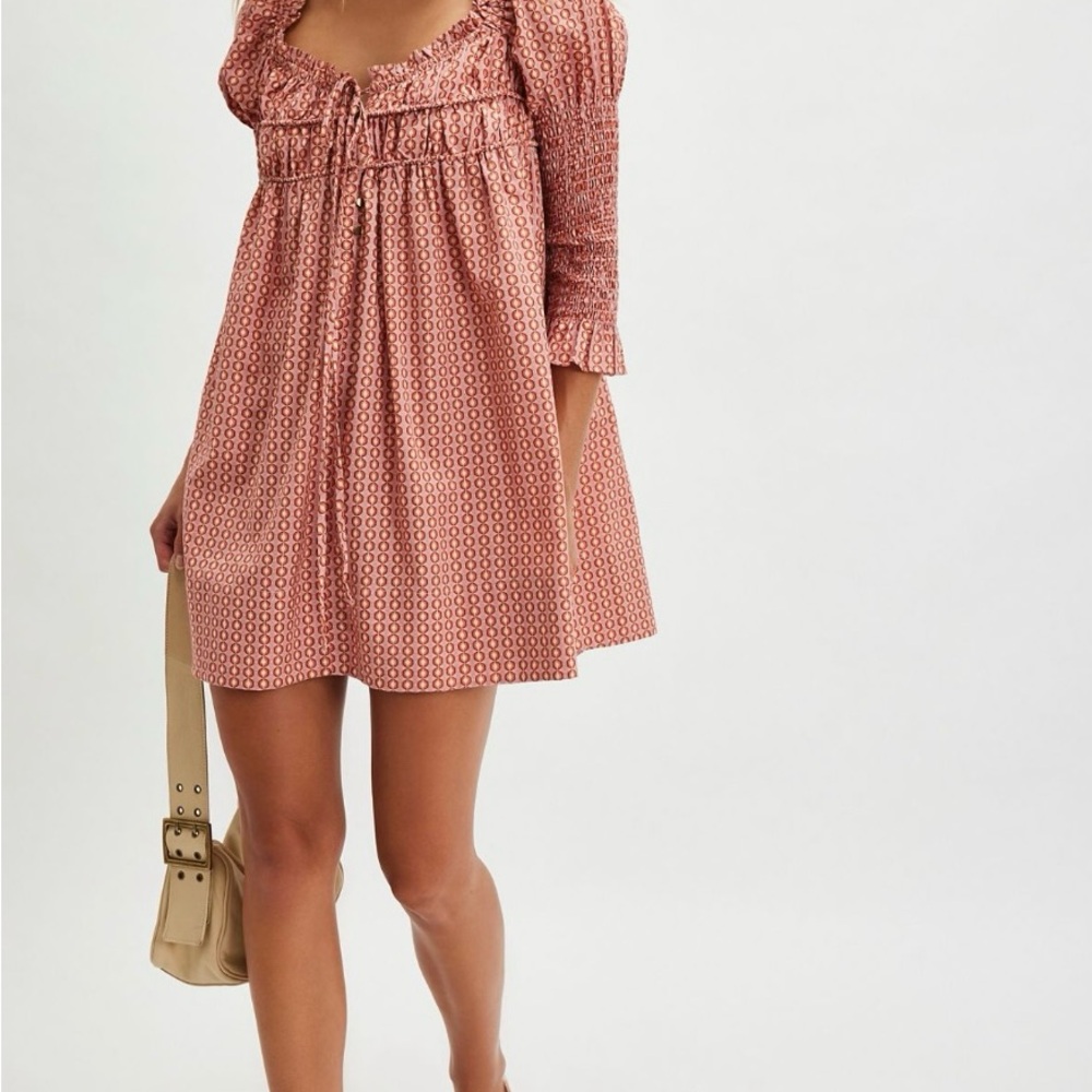 Free People Pink Babydoll Mini Dress with Puff Sleeves